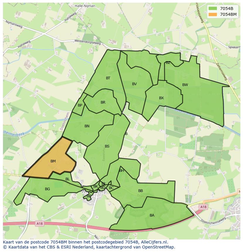 Afbeelding van het postcodegebied 7054 BM op de kaart.