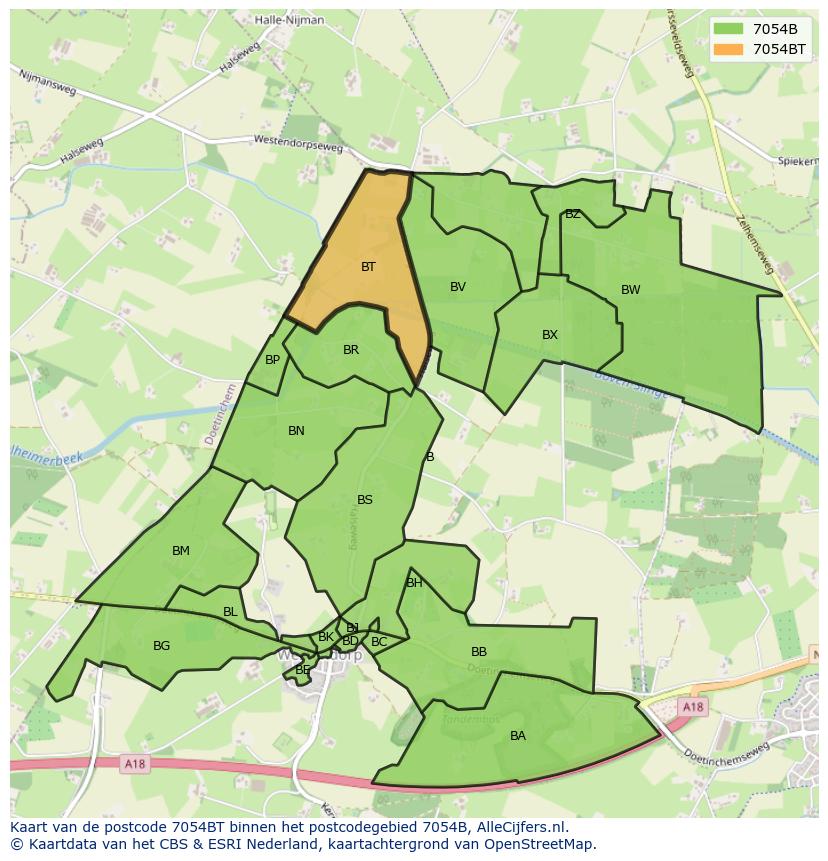 Afbeelding van het postcodegebied 7054 BT op de kaart.