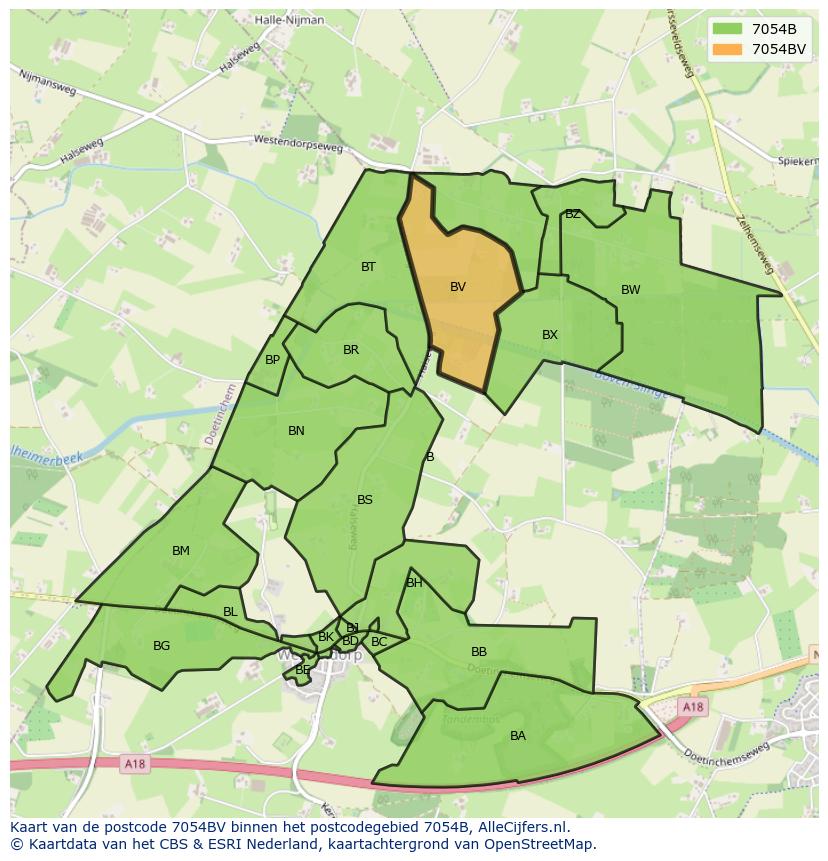 Afbeelding van het postcodegebied 7054 BV op de kaart.