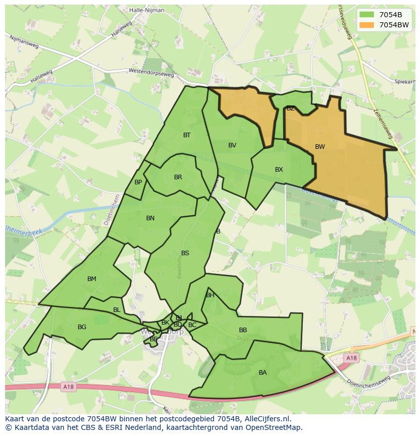 Afbeelding van het postcodegebied 7054 BW op de kaart.