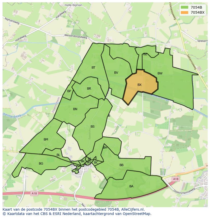 Afbeelding van het postcodegebied 7054 BX op de kaart.