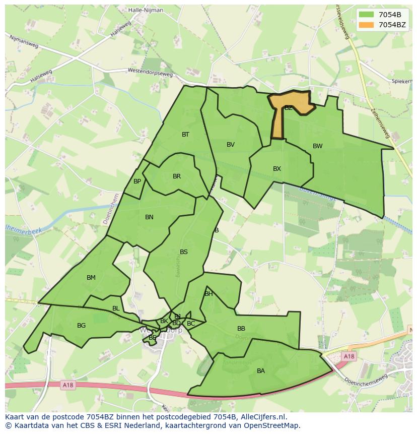 Afbeelding van het postcodegebied 7054 BZ op de kaart.