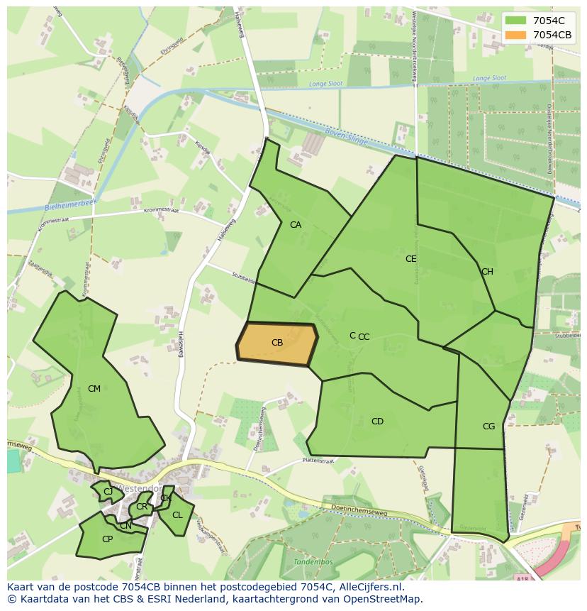 Afbeelding van het postcodegebied 7054 CB op de kaart.
