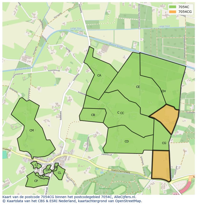 Afbeelding van het postcodegebied 7054 CG op de kaart.