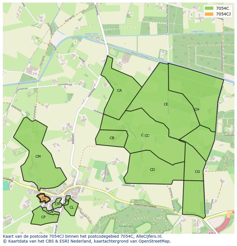 Afbeelding van het postcodegebied 7054 CJ op de kaart.