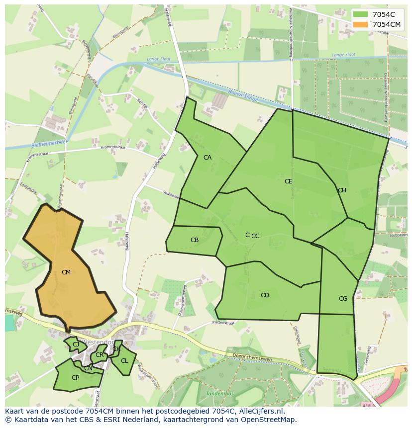 Afbeelding van het postcodegebied 7054 CM op de kaart.