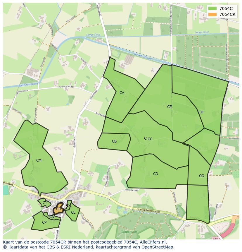 Afbeelding van het postcodegebied 7054 CR op de kaart.