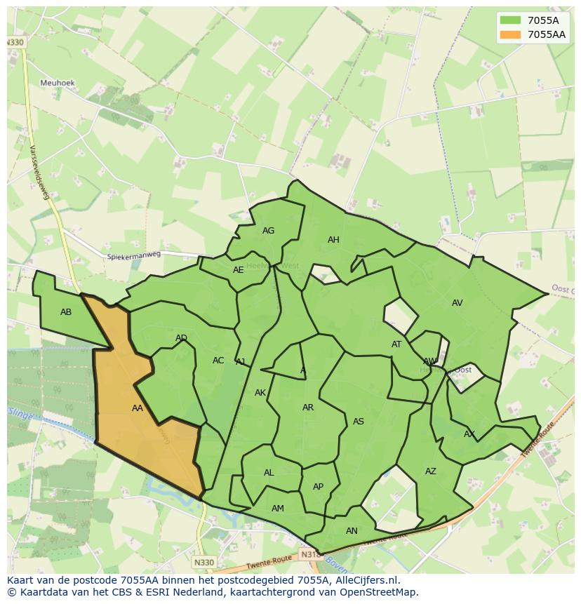Afbeelding van het postcodegebied 7055 AA op de kaart.