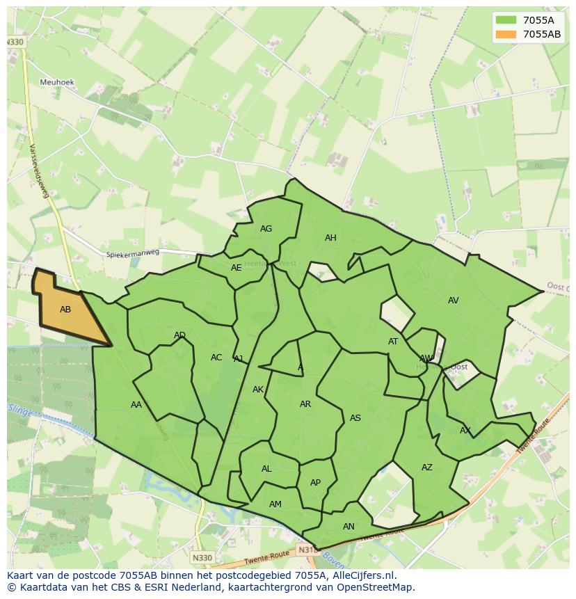 Afbeelding van het postcodegebied 7055 AB op de kaart.