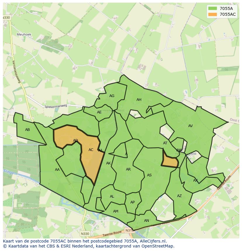 Afbeelding van het postcodegebied 7055 AC op de kaart.