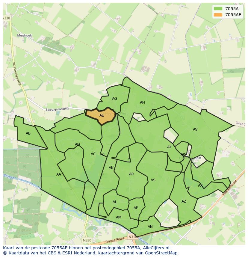 Afbeelding van het postcodegebied 7055 AE op de kaart.