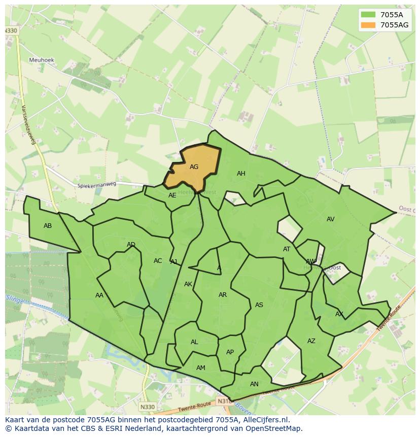 Afbeelding van het postcodegebied 7055 AG op de kaart.