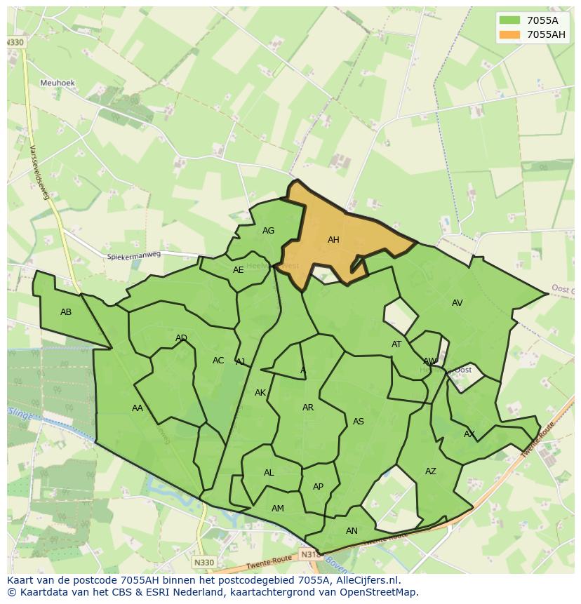 Afbeelding van het postcodegebied 7055 AH op de kaart.