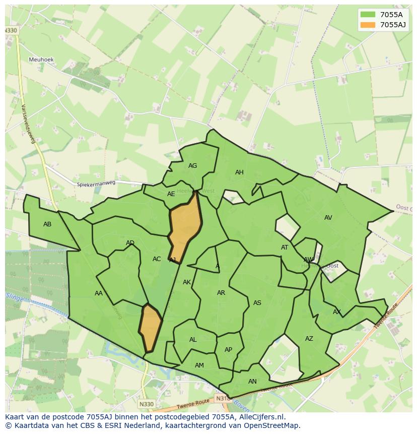 Afbeelding van het postcodegebied 7055 AJ op de kaart.