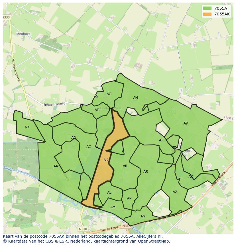 Afbeelding van het postcodegebied 7055 AK op de kaart.