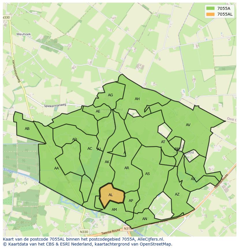 Afbeelding van het postcodegebied 7055 AL op de kaart.