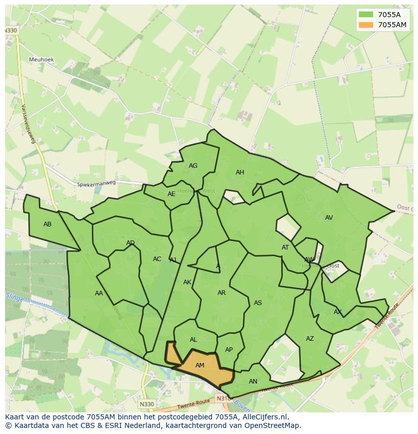 Afbeelding van het postcodegebied 7055 AM op de kaart.