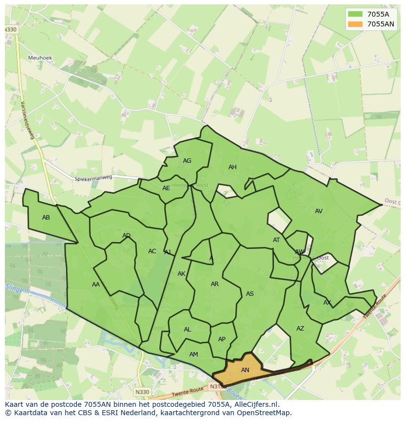 Afbeelding van het postcodegebied 7055 AN op de kaart.