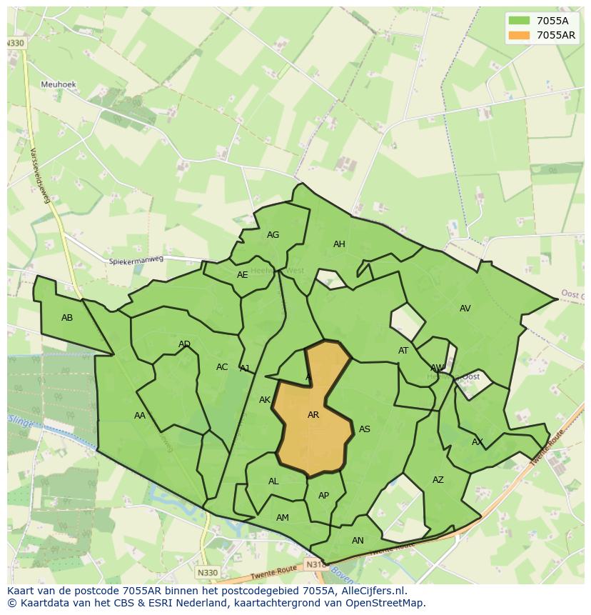 Afbeelding van het postcodegebied 7055 AR op de kaart.