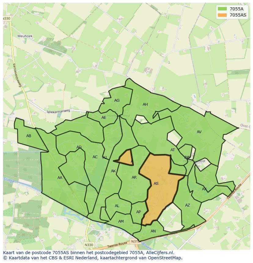 Afbeelding van het postcodegebied 7055 AS op de kaart.