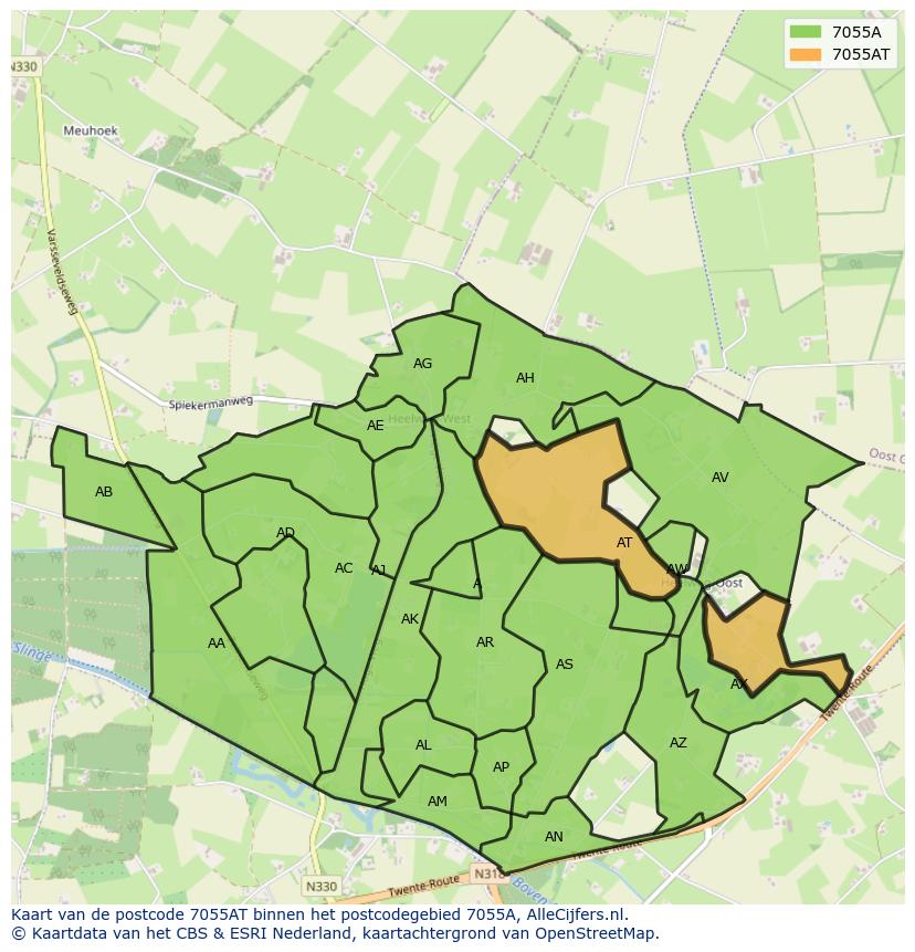 Afbeelding van het postcodegebied 7055 AT op de kaart.