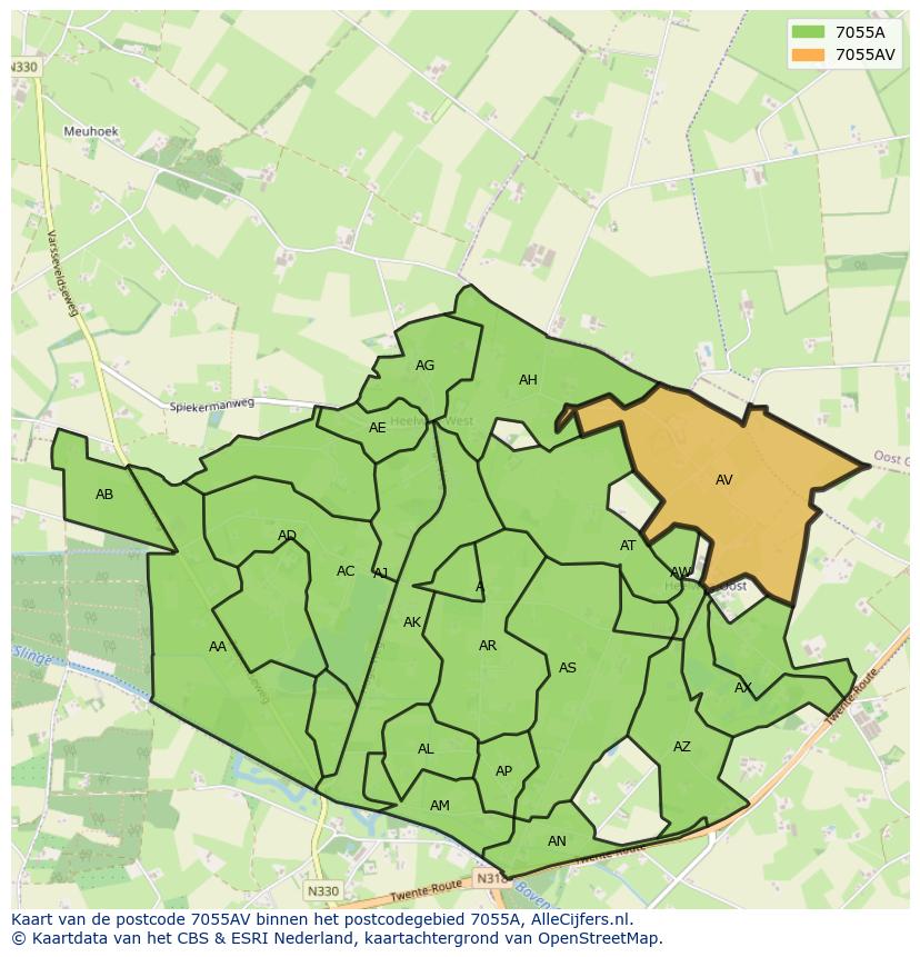 Afbeelding van het postcodegebied 7055 AV op de kaart.