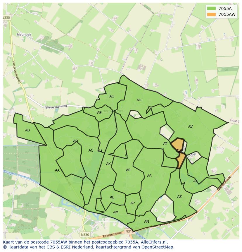 Afbeelding van het postcodegebied 7055 AW op de kaart.