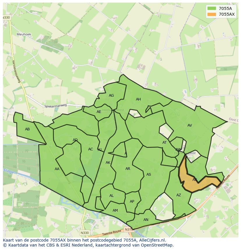 Afbeelding van het postcodegebied 7055 AX op de kaart.
