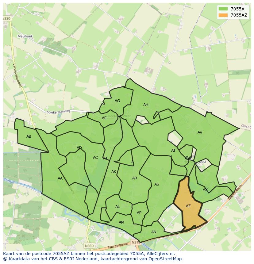 Afbeelding van het postcodegebied 7055 AZ op de kaart.
