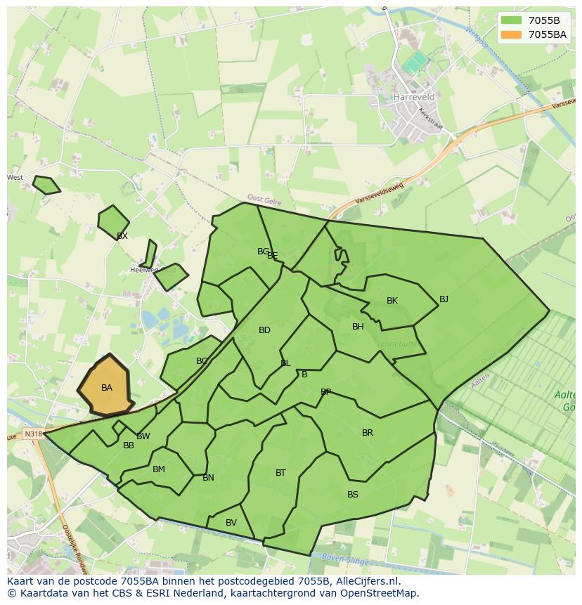 Afbeelding van het postcodegebied 7055 BA op de kaart.