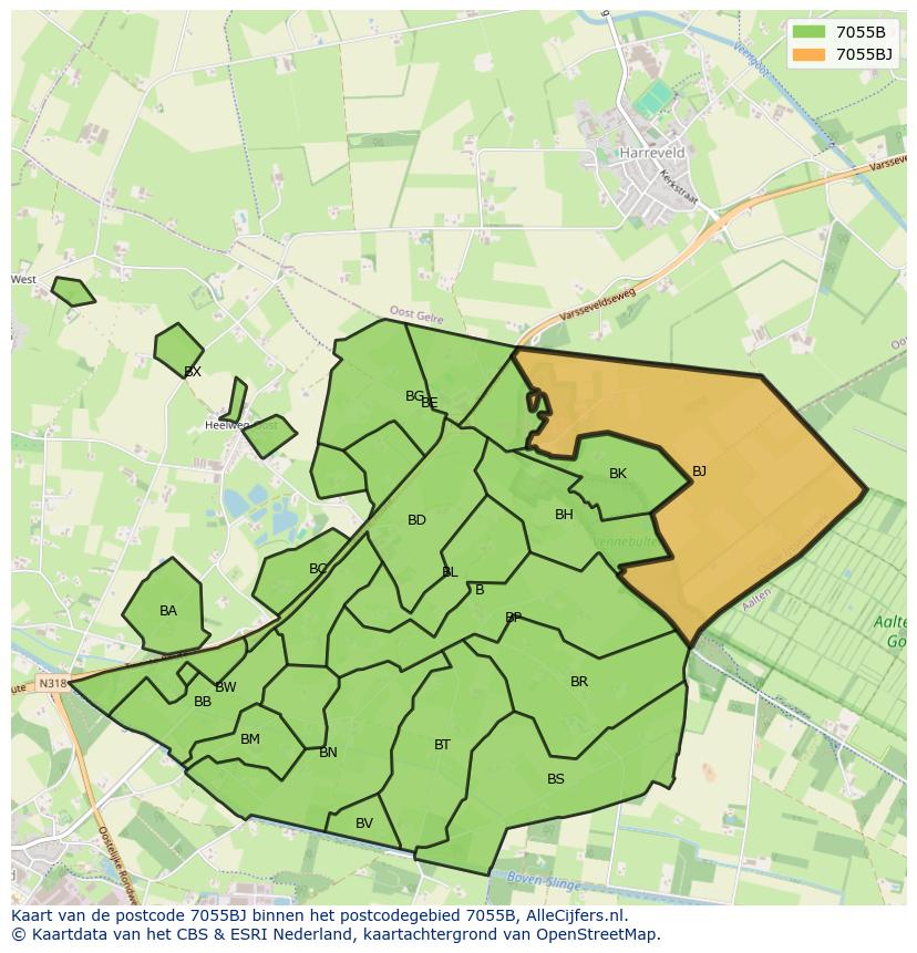 Afbeelding van het postcodegebied 7055 BJ op de kaart.