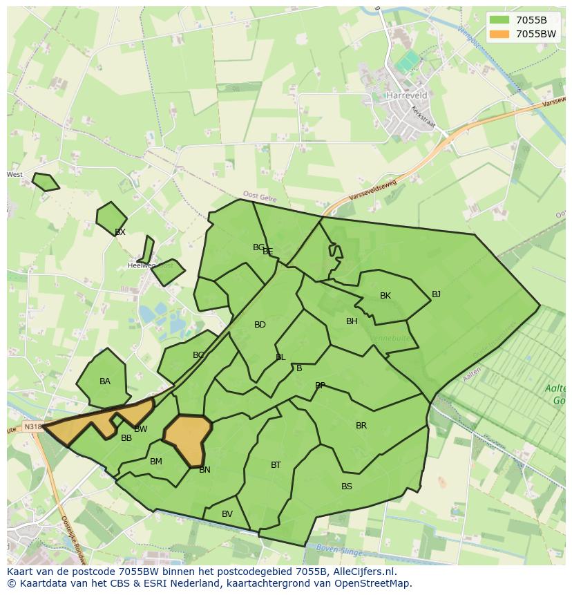 Afbeelding van het postcodegebied 7055 BW op de kaart.