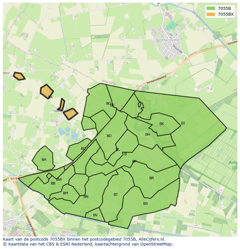 Afbeelding van het postcodegebied 7055 BX op de kaart.
