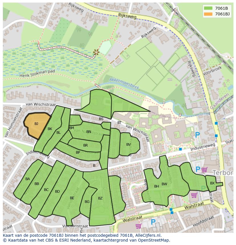 Afbeelding van het postcodegebied 7061 BJ op de kaart.