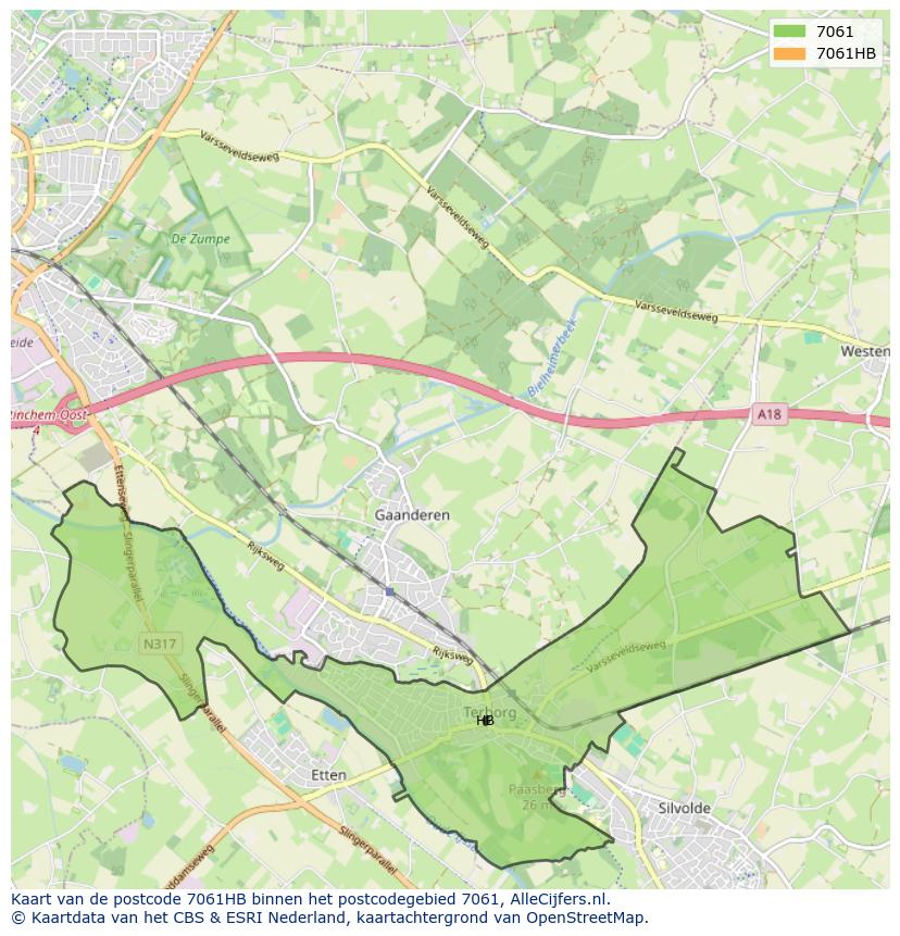Afbeelding van het postcodegebied 7061 HB op de kaart.