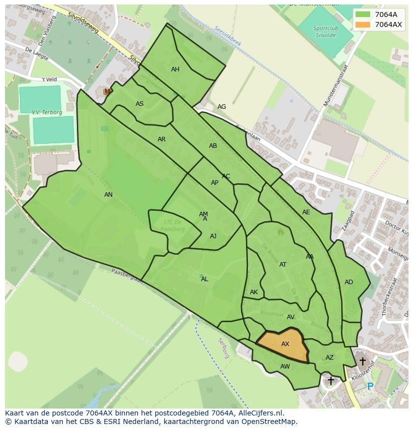 Afbeelding van het postcodegebied 7064 AX op de kaart.