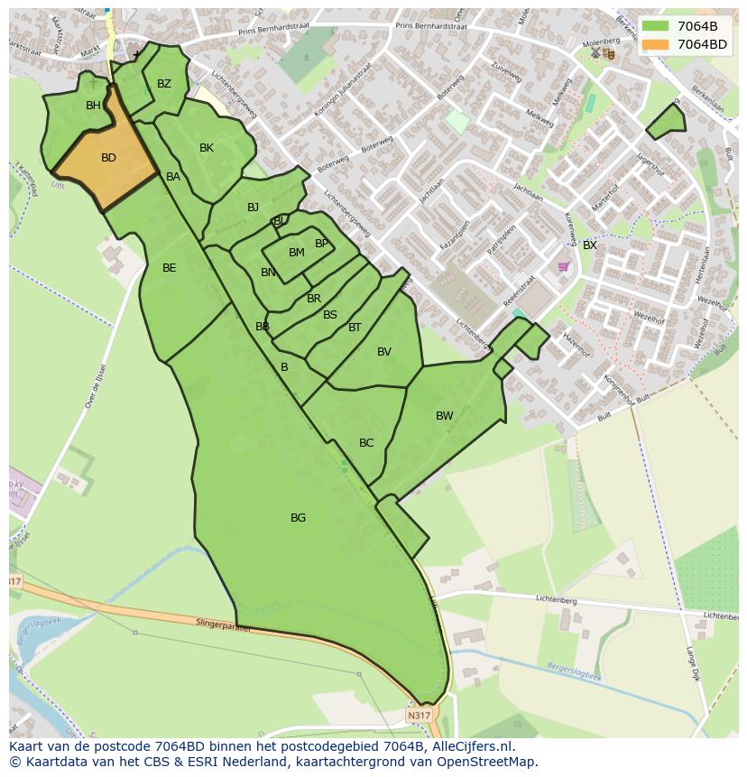 Afbeelding van het postcodegebied 7064 BD op de kaart.