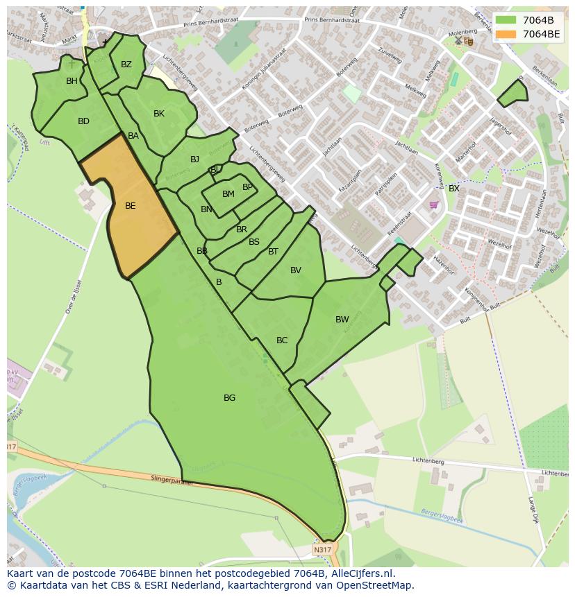 Afbeelding van het postcodegebied 7064 BE op de kaart.