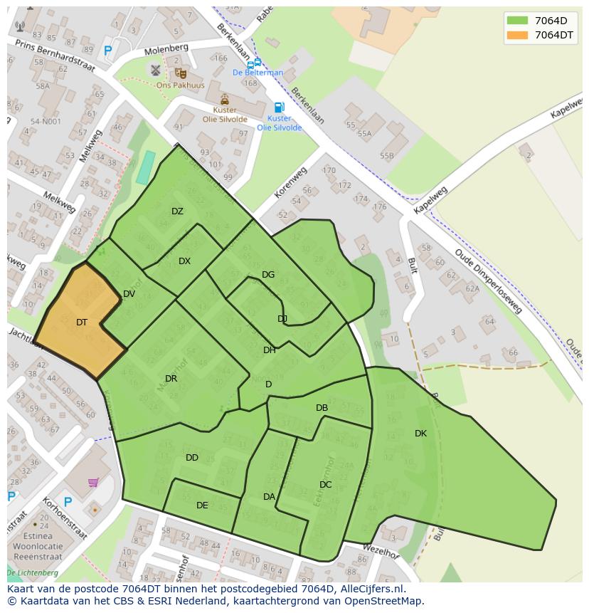 Afbeelding van het postcodegebied 7064 DT op de kaart.
