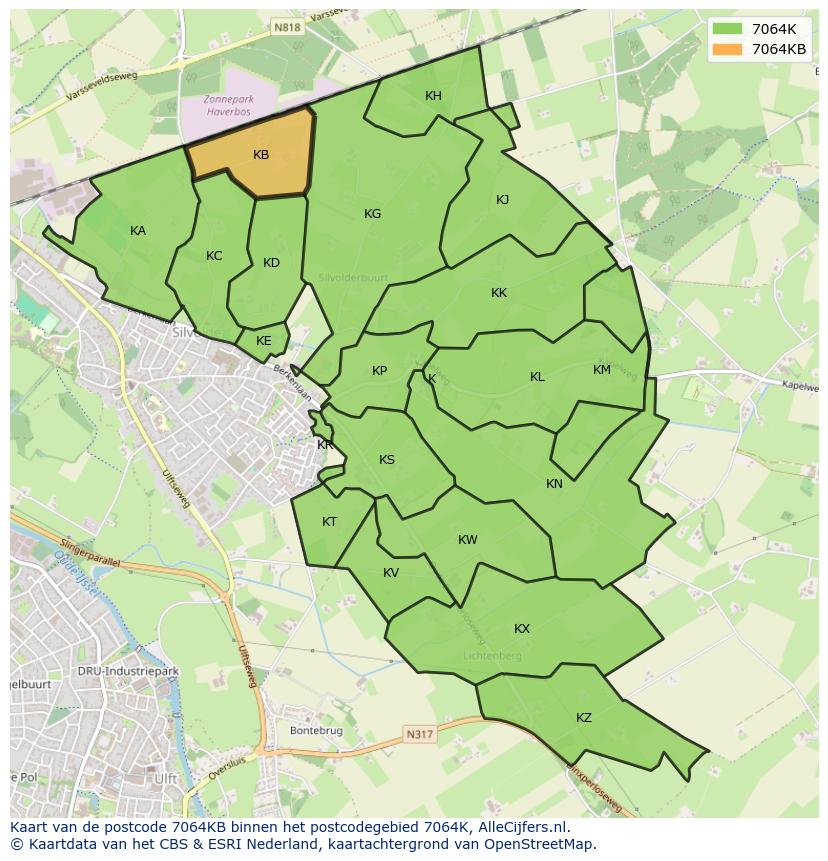 Afbeelding van het postcodegebied 7064 KB op de kaart.