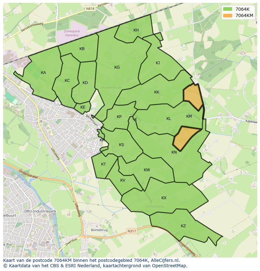 Afbeelding van het postcodegebied 7064 KM op de kaart.