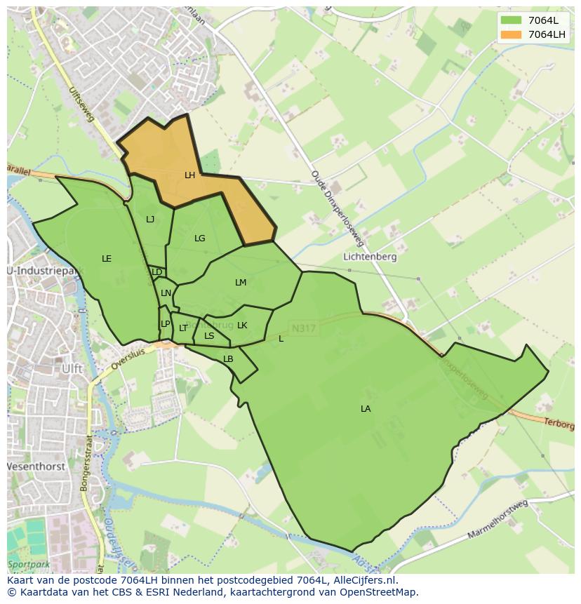 Afbeelding van het postcodegebied 7064 LH op de kaart.