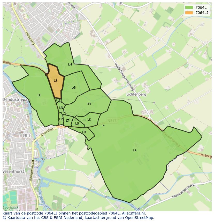 Afbeelding van het postcodegebied 7064 LJ op de kaart.