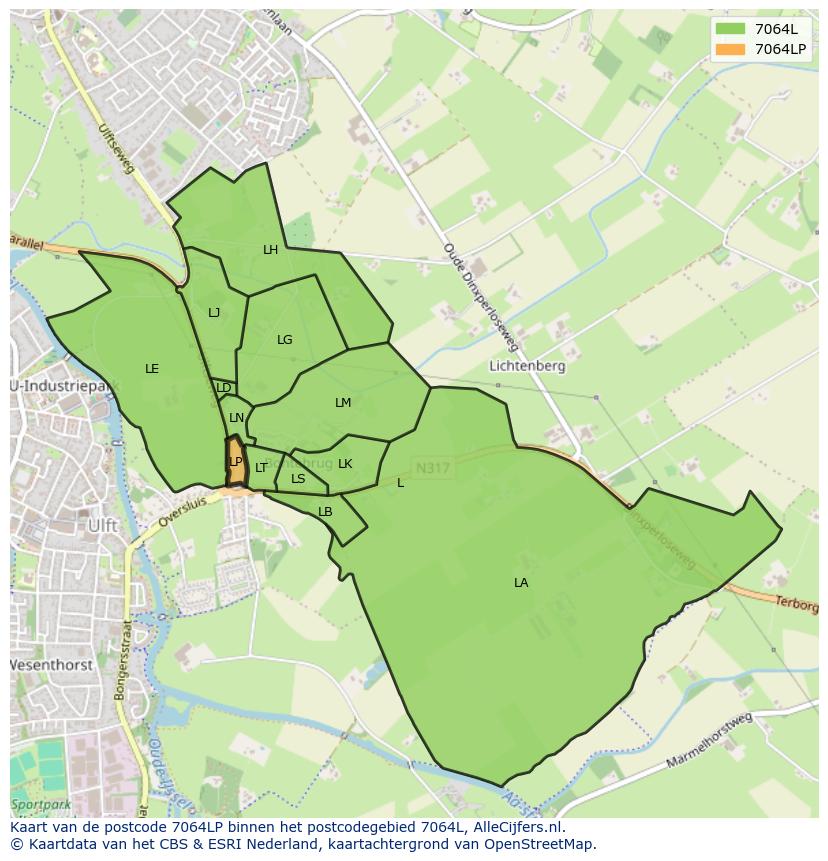 Afbeelding van het postcodegebied 7064 LP op de kaart.