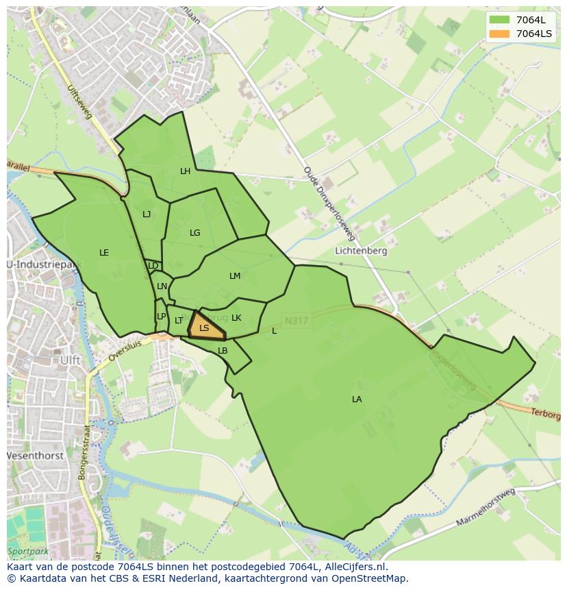Afbeelding van het postcodegebied 7064 LS op de kaart.