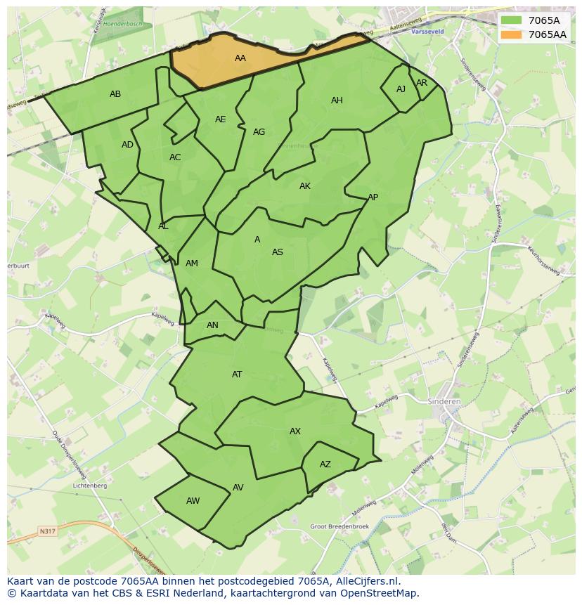 Afbeelding van het postcodegebied 7065 AA op de kaart.