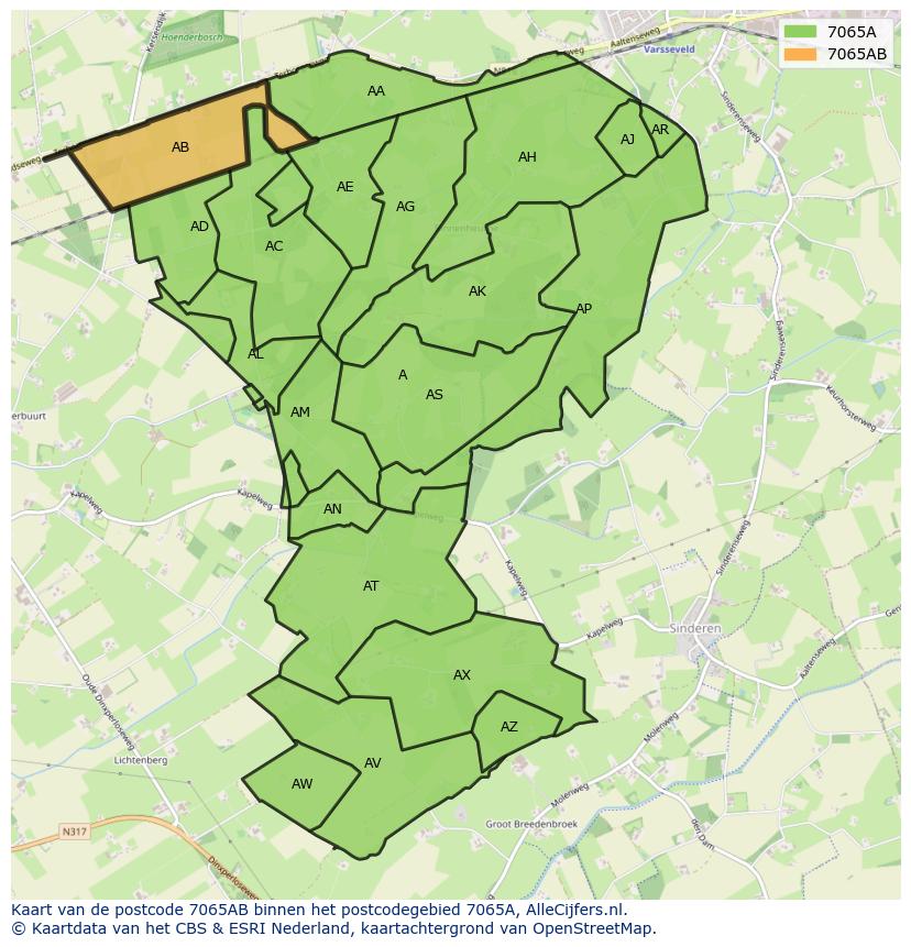 Afbeelding van het postcodegebied 7065 AB op de kaart.