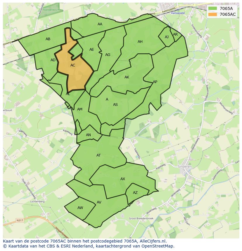 Afbeelding van het postcodegebied 7065 AC op de kaart.
