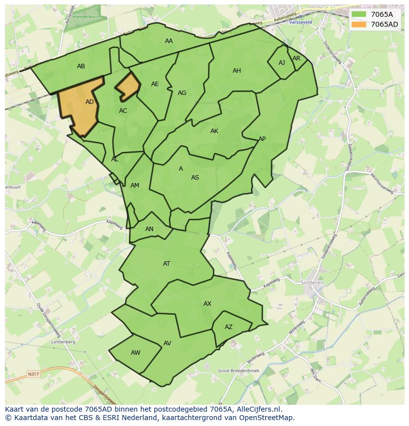 Afbeelding van het postcodegebied 7065 AD op de kaart.