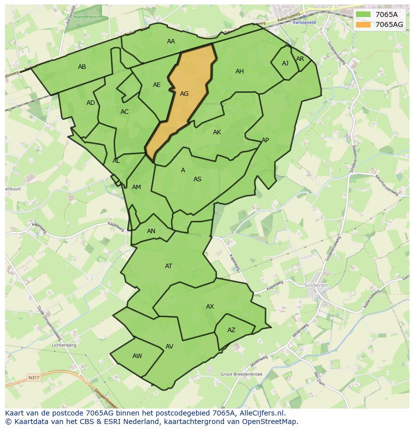Afbeelding van het postcodegebied 7065 AG op de kaart.